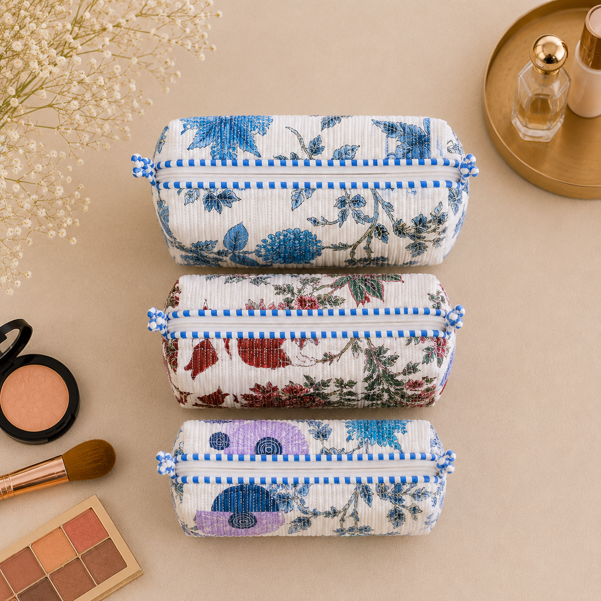 Set Of 3 Makeup Bag, Coastal Garden Patchwork Block Print Cotton Travel Case, Quilted Cosmetic Storage Bag Set
