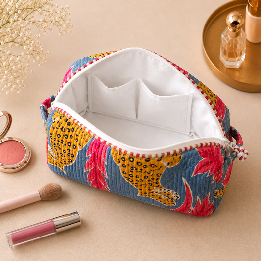 Set Of 3 Makeup Bag, Azure Leopard Print Cotton Travel Case, Quilted Cosmetic Storage Bag Set