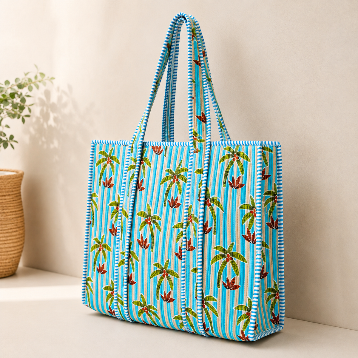 Handmade Turquoise Striped Palm Block Print Quilted Cotton Tote Bag, Indian Boho Shoulder Bag, Island Tropical Travel Beach Bag