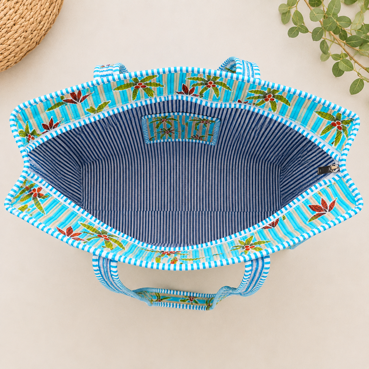 Handmade Turquoise Striped Palm Block Print Quilted Cotton Tote Bag, Indian Boho Shoulder Bag, Island Tropical Travel Beach Bag