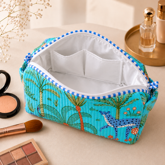 Set Of 3 Makeup Bag, Turquoise Cheetah Tropical Block Print Cotton Travel Case, Quilted Cosmetic Storage Bag Set