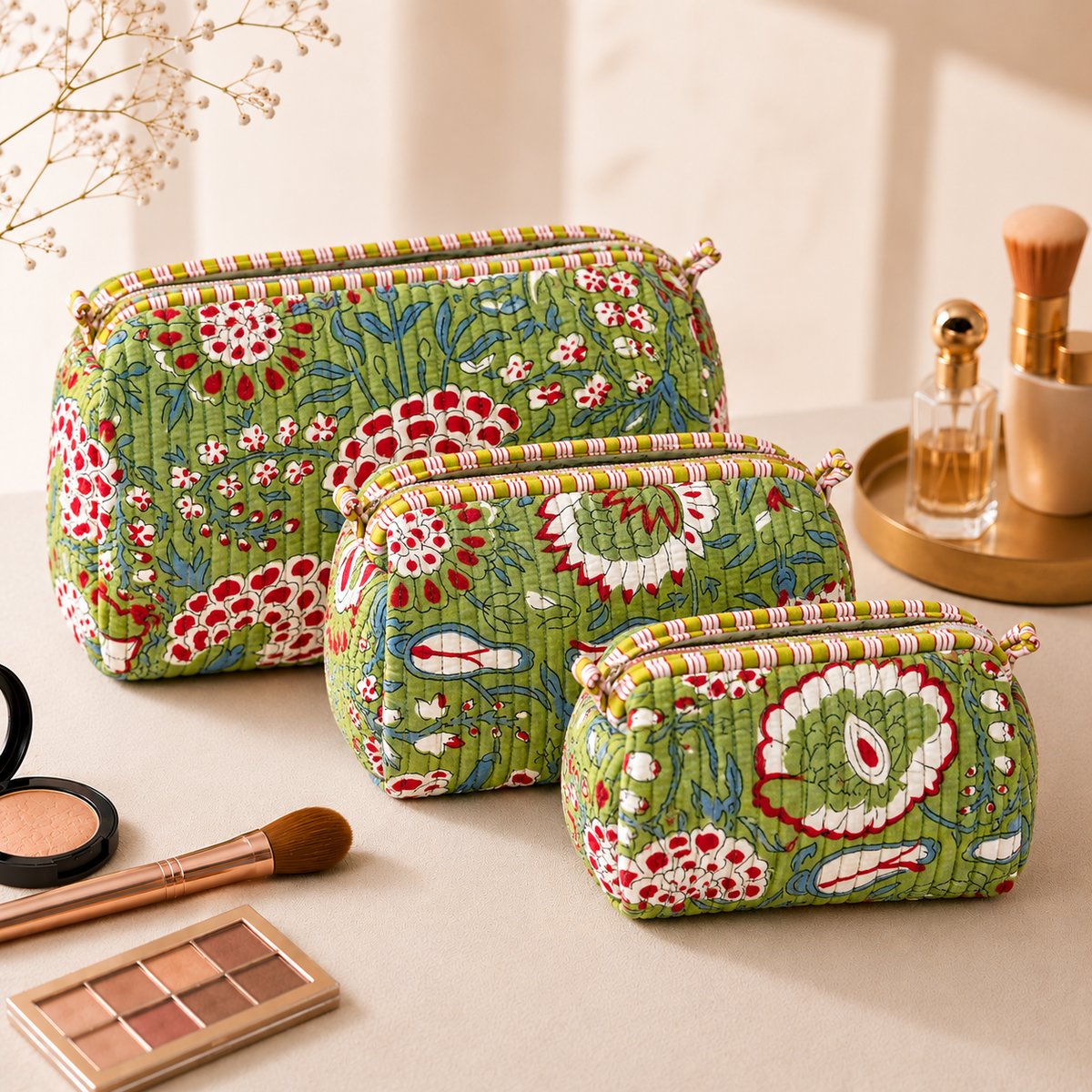 Set Of 3 Makeup Bag, Lime Garden Floral Block Print Cotton Travel Case, Quilted Cosmetic Storage Bag Set