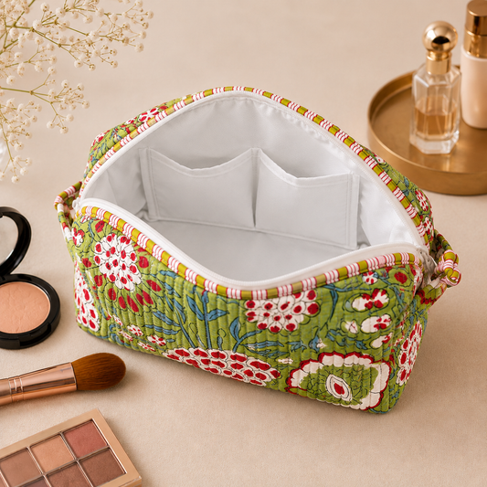 Set Of 3 Makeup Bag, Lime Garden Floral Block Print Cotton Travel Case, Quilted Cosmetic Storage Bag Set