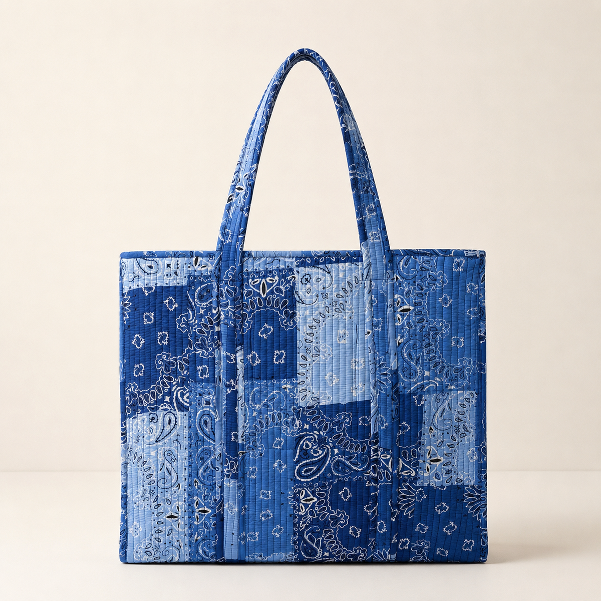 Handmade Sky Blue Bandana Patchwork Quilted Cotton Tote Bag, Indian Paisley Boho Shoulder Bag, Western Chic Travel Beach Bag