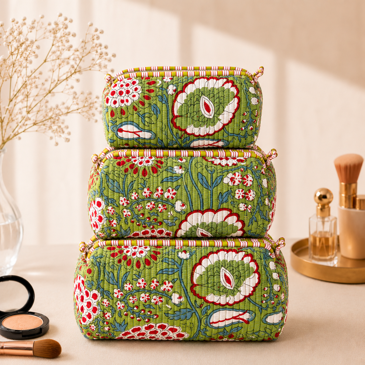 Set Of 3 Makeup Bag, Lime Garden Floral Block Print Cotton Travel Case, Quilted Cosmetic Storage Bag Set