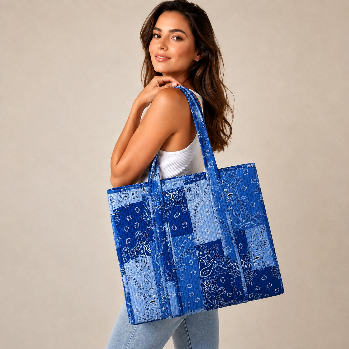 Handmade Sky Blue Bandana Patchwork Quilted Cotton Tote Bag, Indian Paisley Boho Shoulder Bag, Western Chic Travel Beach Bag