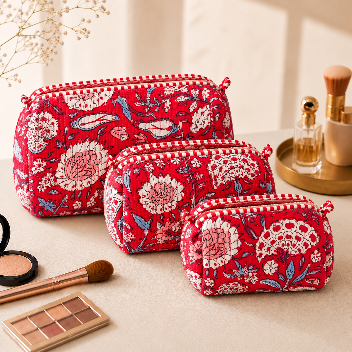 Set Of 3 Makeup Bag, Ruby Bloom Floral Block Print Cotton Travel Case, Quilted Cosmetic Storage Bag Set