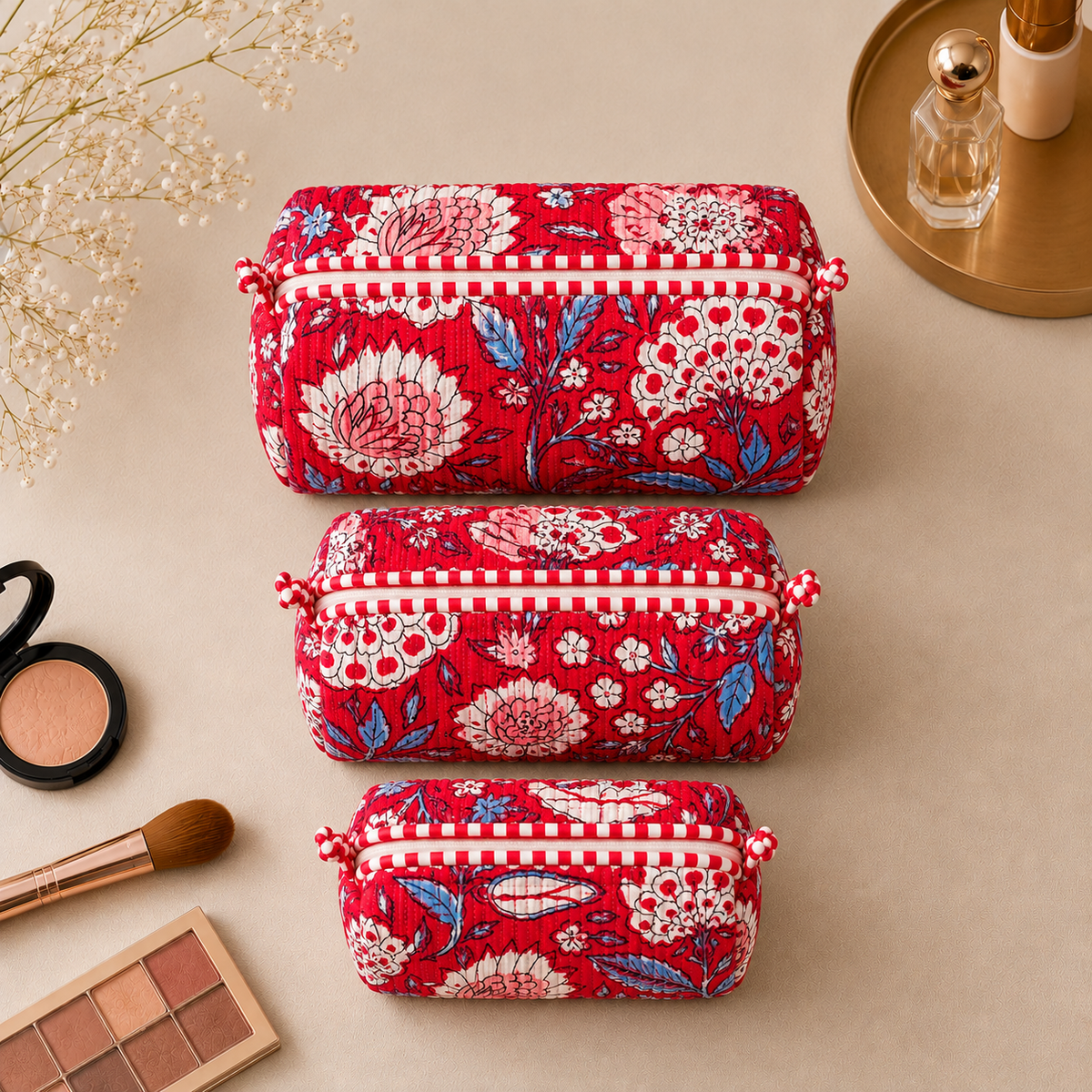 Set Of 3 Makeup Bag, Ruby Bloom Floral Block Print Cotton Travel Case, Quilted Cosmetic Storage Bag Set