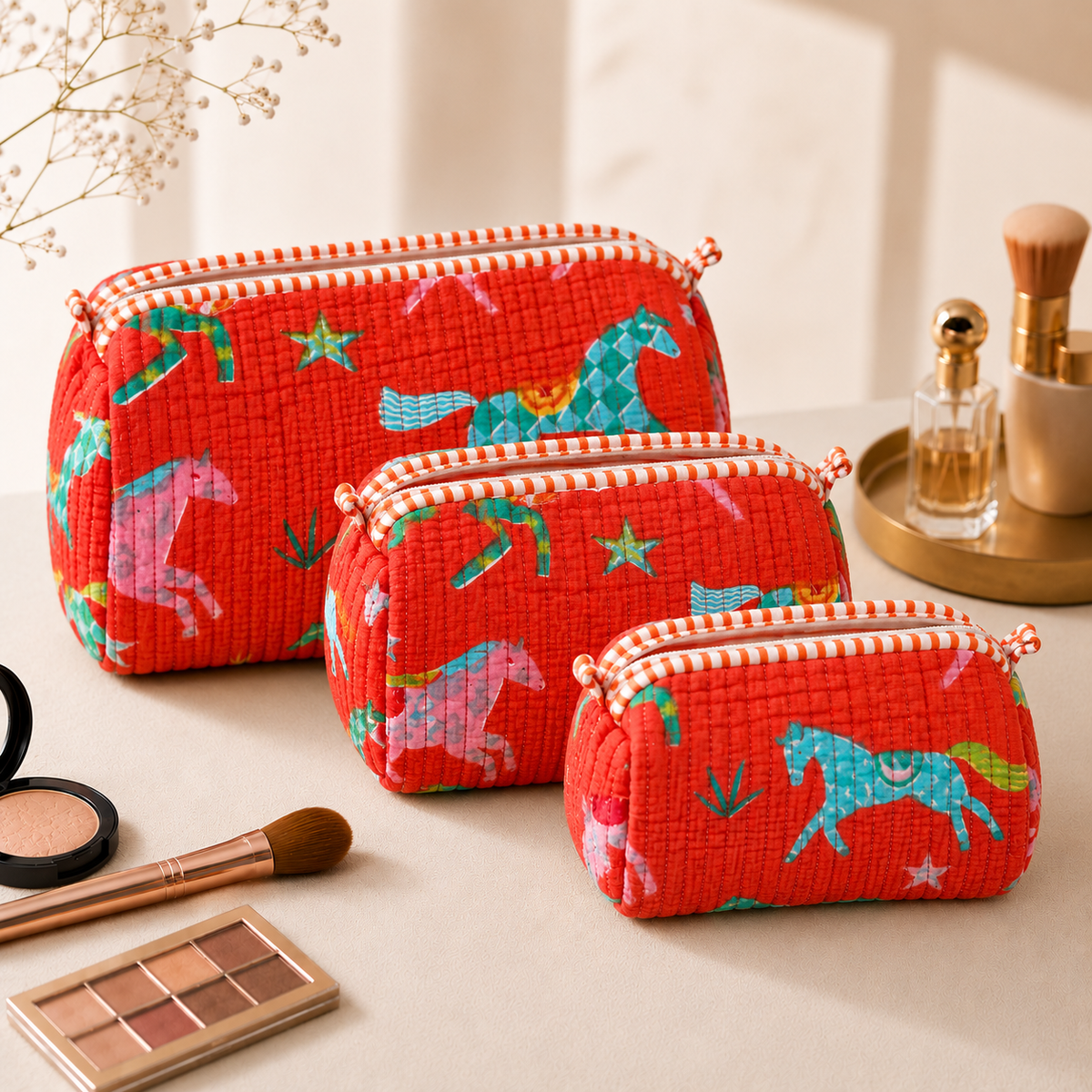 Set Of 3 Makeup Bag, Coral Stallion Horse Block Print Cotton Travel Case, Quilted Cosmetic Storage Bag Set
