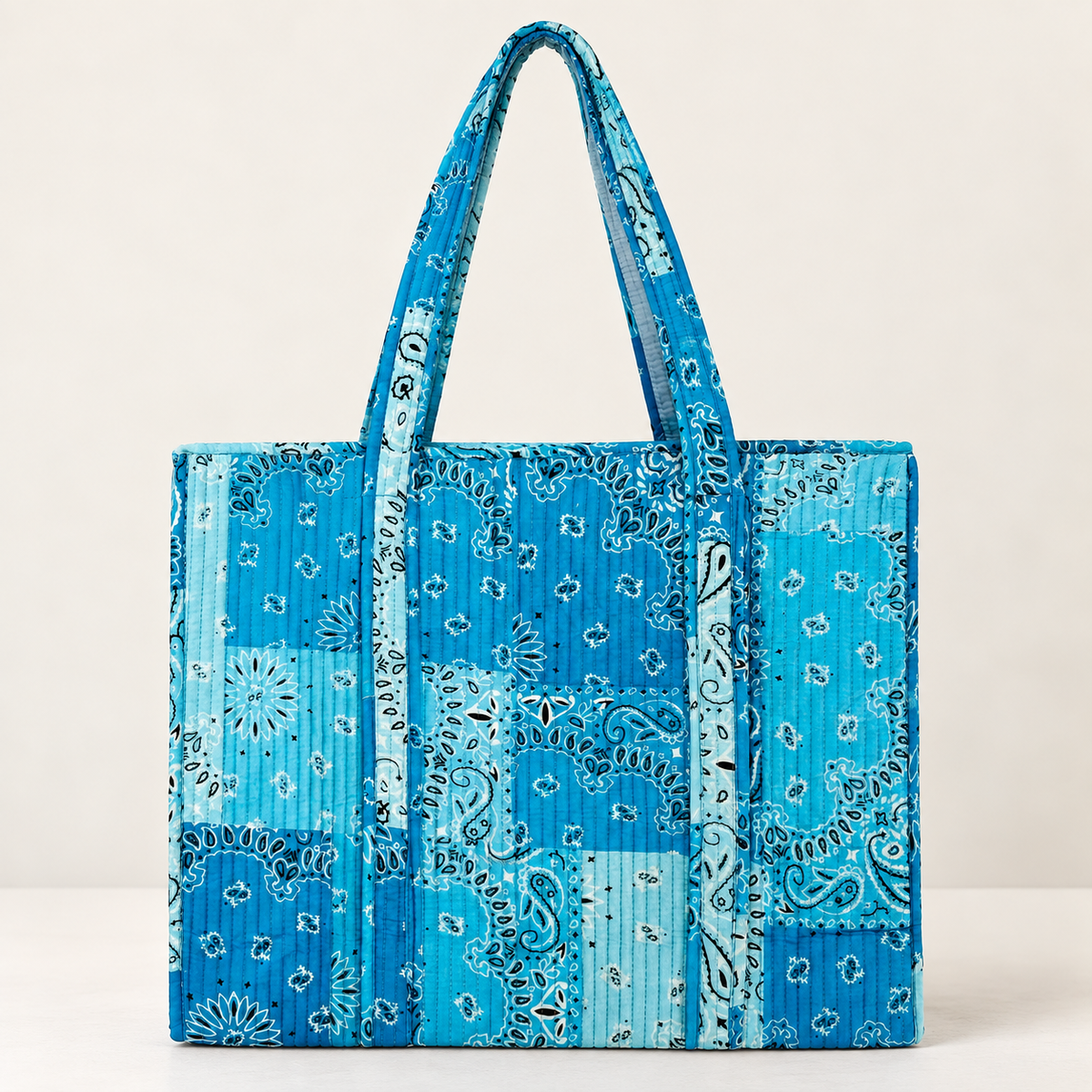 Handmade Sky Blue Bandana Patchwork Quilted Cotton Tote Bag, Indian Paisley Boho Shoulder Bag, Western Chic Travel Beach Bag