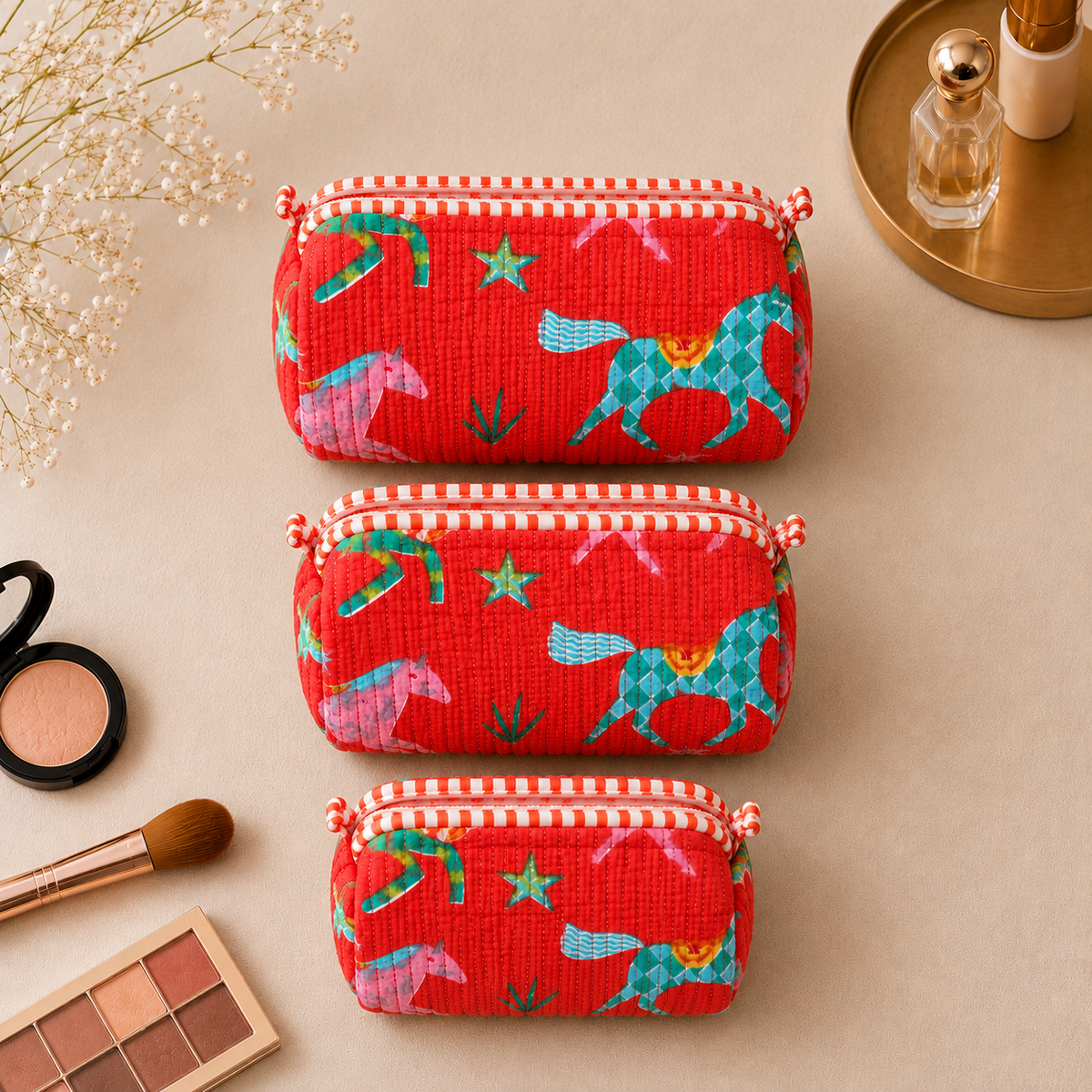 Set Of 3 Makeup Bag, Coral Stallion Horse Block Print Cotton Travel Case, Quilted Cosmetic Storage Bag Set