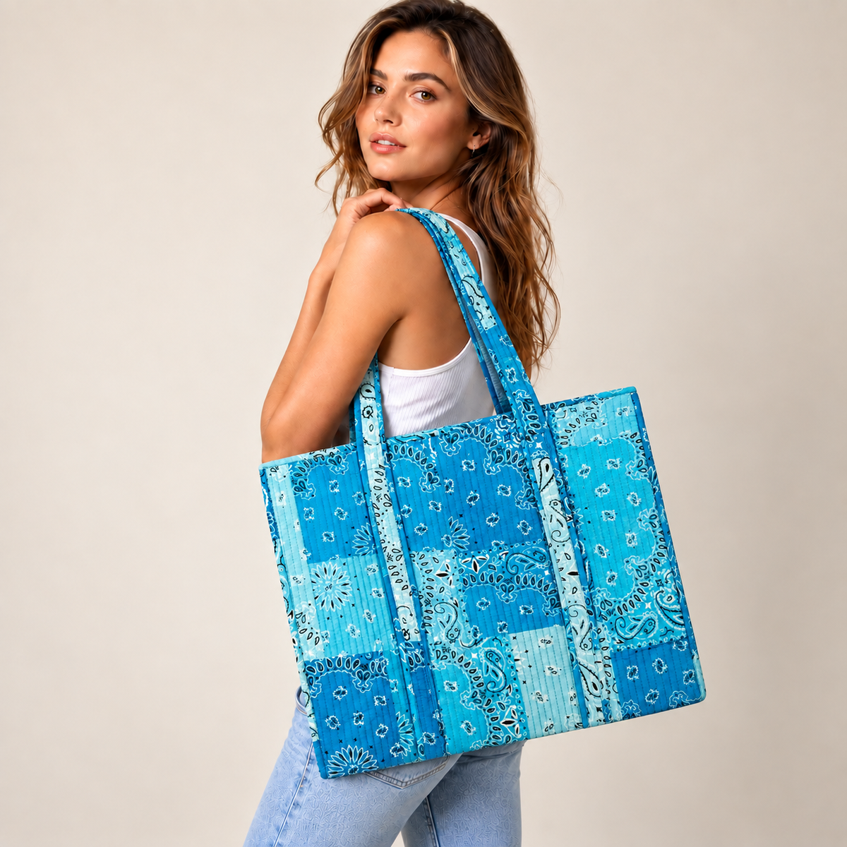 Handmade Sky Blue Bandana Patchwork Quilted Cotton Tote Bag, Indian Paisley Boho Shoulder Bag, Western Chic Travel Beach Bag