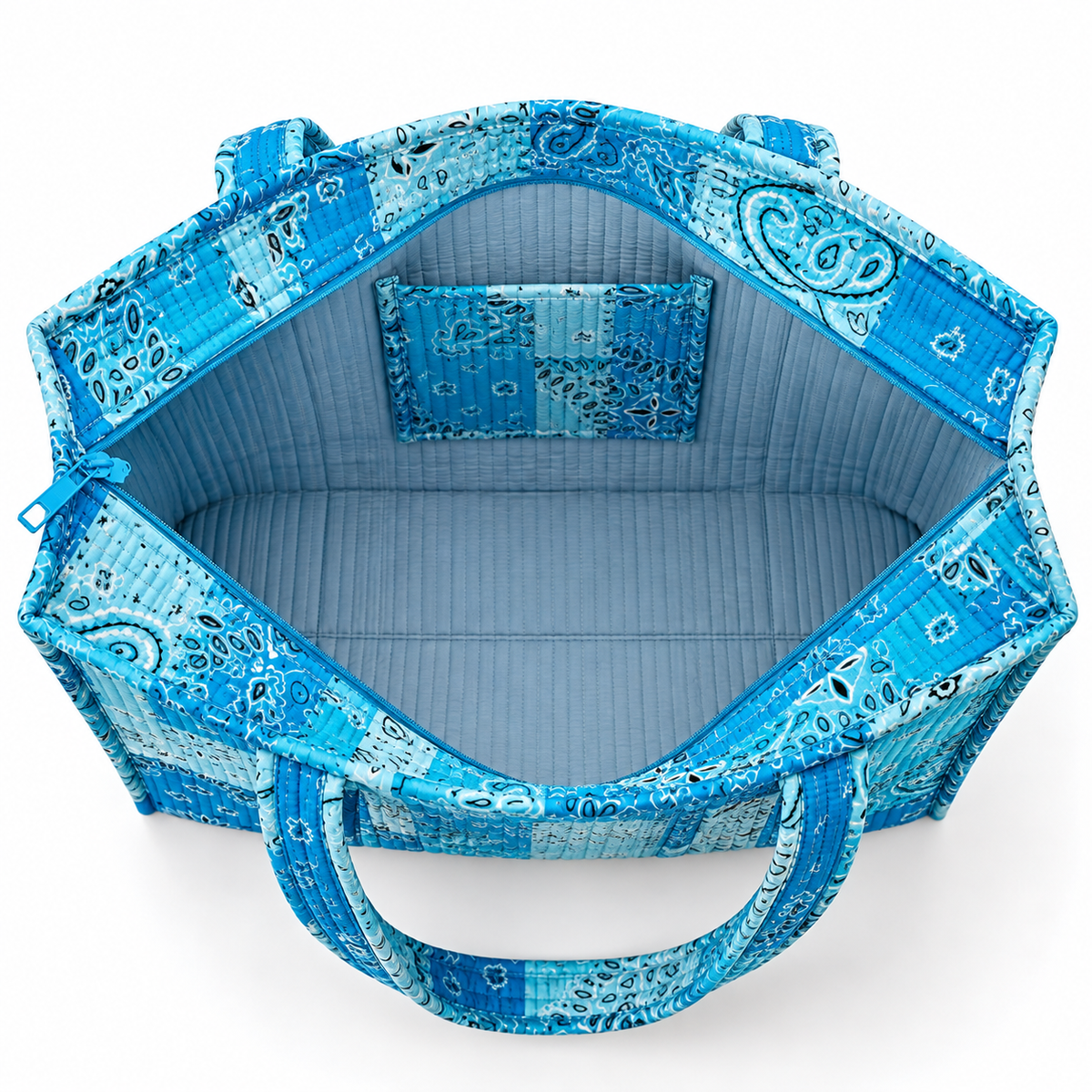 Handmade Sky Blue Bandana Patchwork Quilted Cotton Tote Bag, Indian Paisley Boho Shoulder Bag, Western Chic Travel Beach Bag