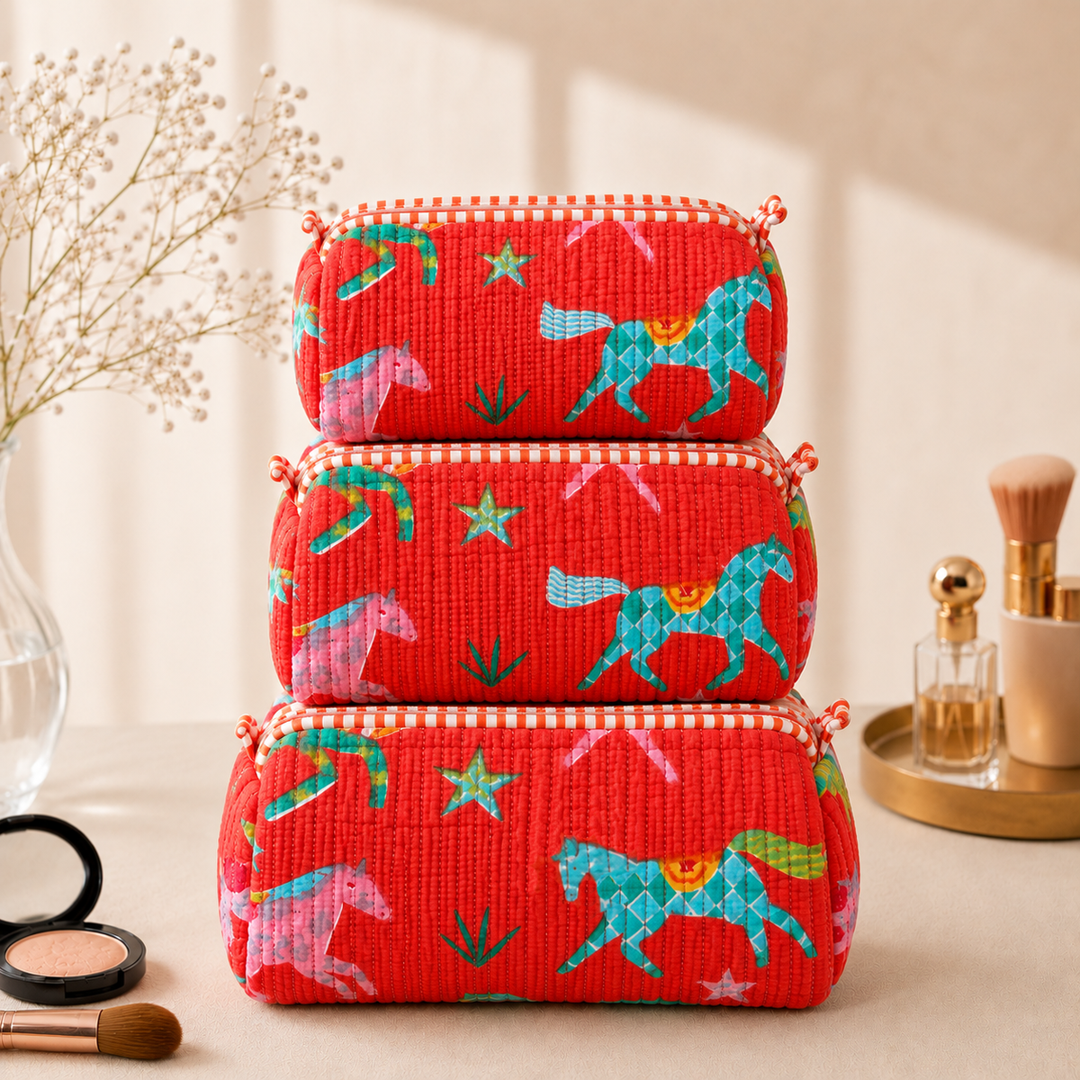 Set Of 3 Makeup Bag, Coral Stallion Horse Block Print Cotton Travel Case, Quilted Cosmetic Storage Bag Set