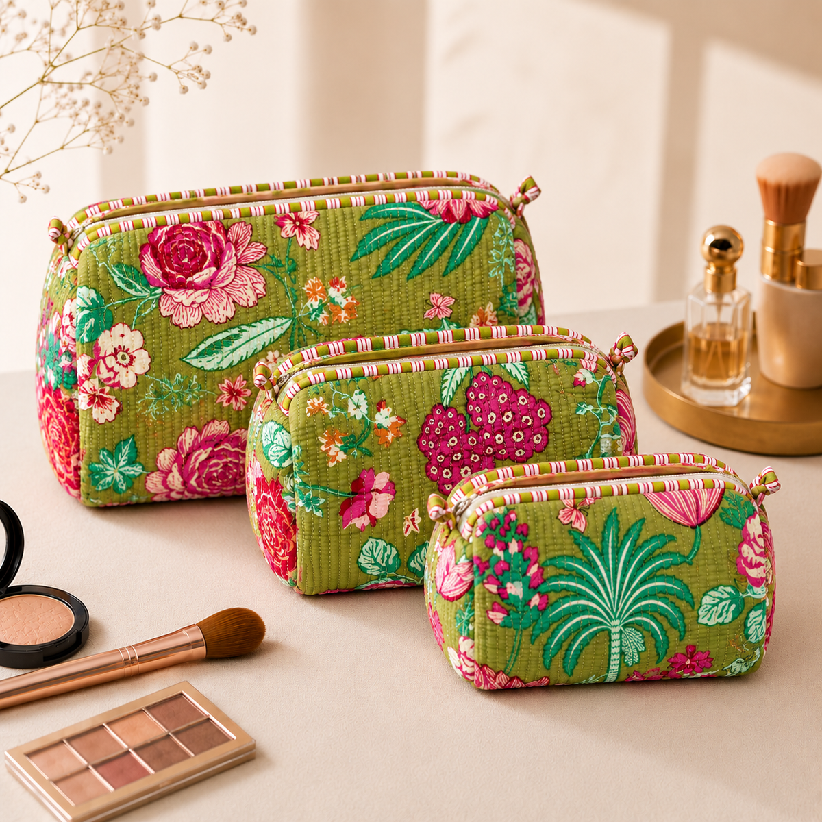 Set Of 3 Makeup Bag, Moss Flora Floral Block Print Cotton Travel Case, Quilted Cosmetic Storage Bag Set