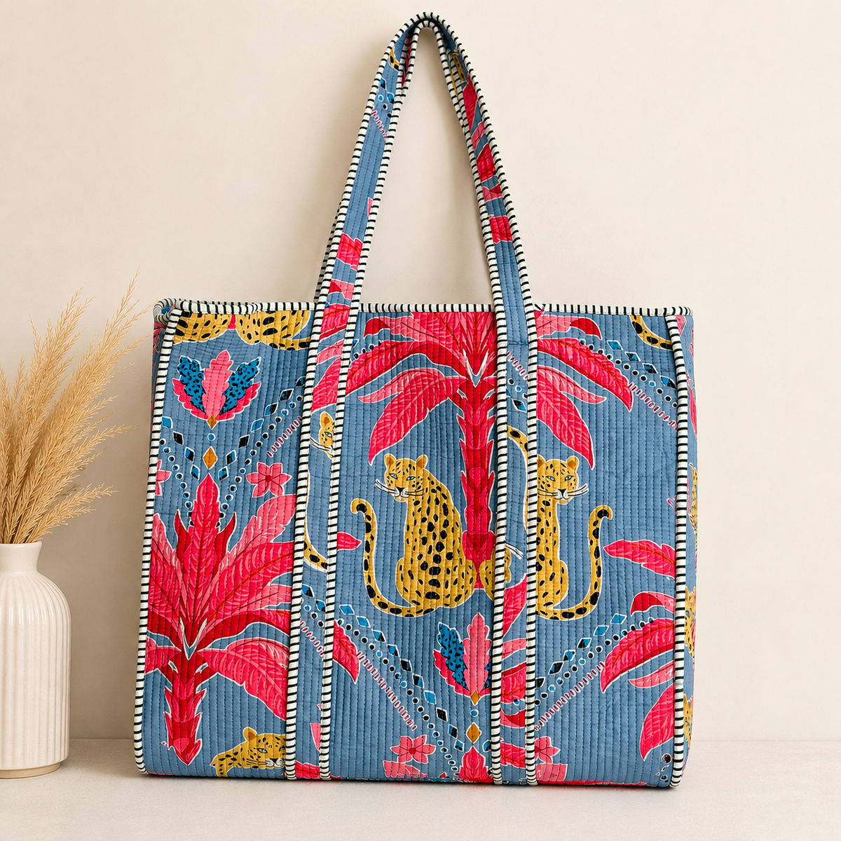 Handmade Steel Blue Pink Palm Leopard Block Print Quilted Cotton Tote Bag, Indian Boho Shoulder Bag, Exotic Animal Travel Beach Bag