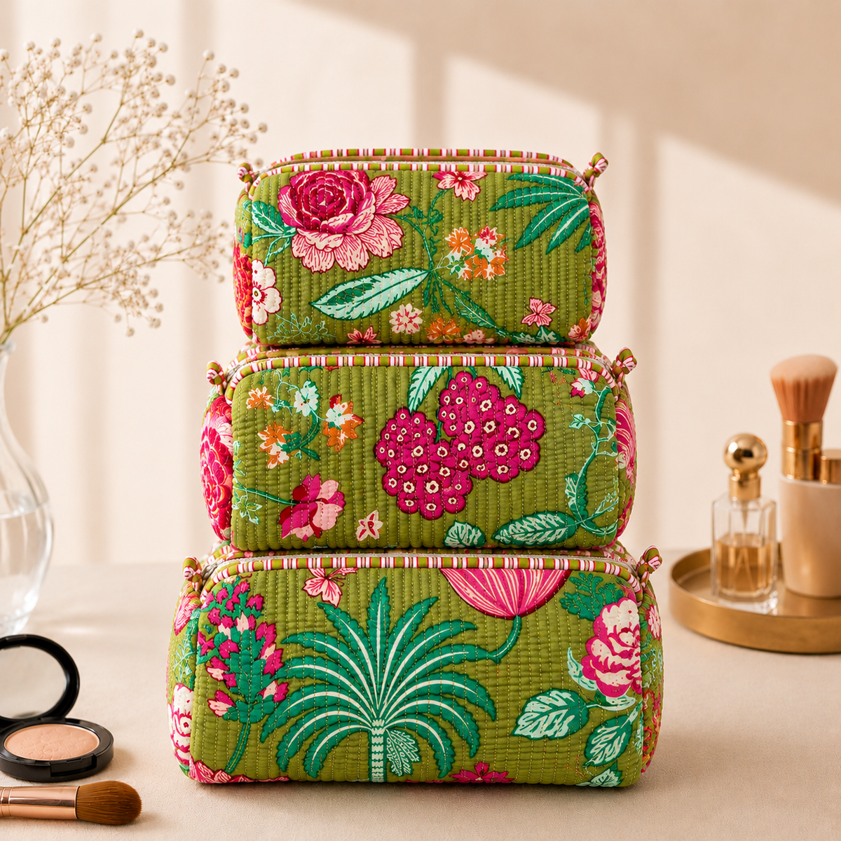 Set Of 3 Makeup Bag, Moss Flora Floral Block Print Cotton Travel Case, Quilted Cosmetic Storage Bag Set