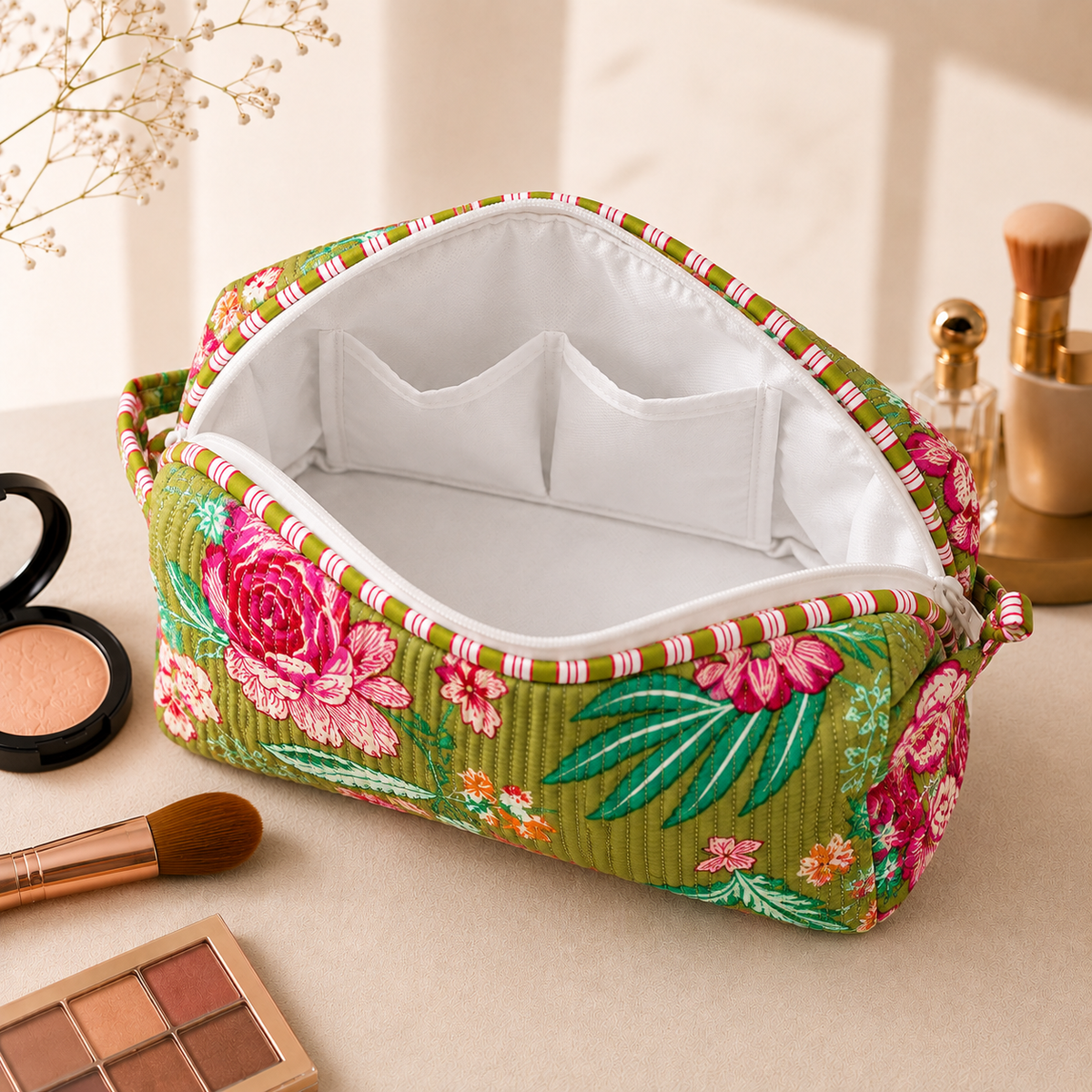 Set Of 3 Makeup Bag, Moss Flora Floral Block Print Cotton Travel Case, Quilted Cosmetic Storage Bag Set
