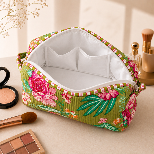 Set Of 3 Makeup Bag, Moss Flora Floral Block Print Cotton Travel Case, Quilted Cosmetic Storage Bag Set