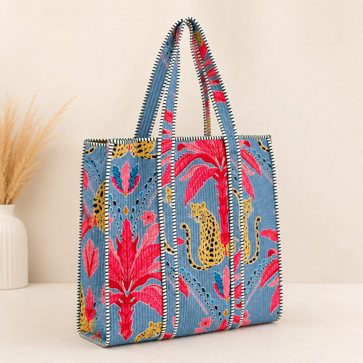 Handmade Steel Blue Pink Palm Leopard Block Print Quilted Cotton Tote Bag, Indian Boho Shoulder Bag, Exotic Animal Travel Beach Bag