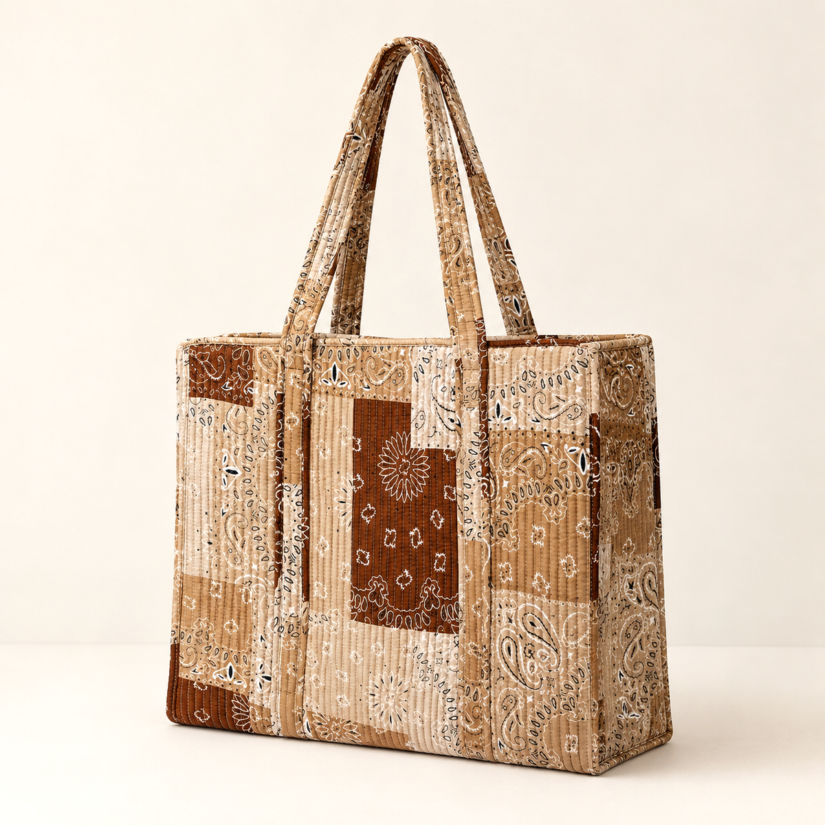 Handmade Sky Blue Bandana Patchwork Quilted Cotton Tote Bag, Indian Paisley Boho Shoulder Bag, Western Chic Travel Beach Bag