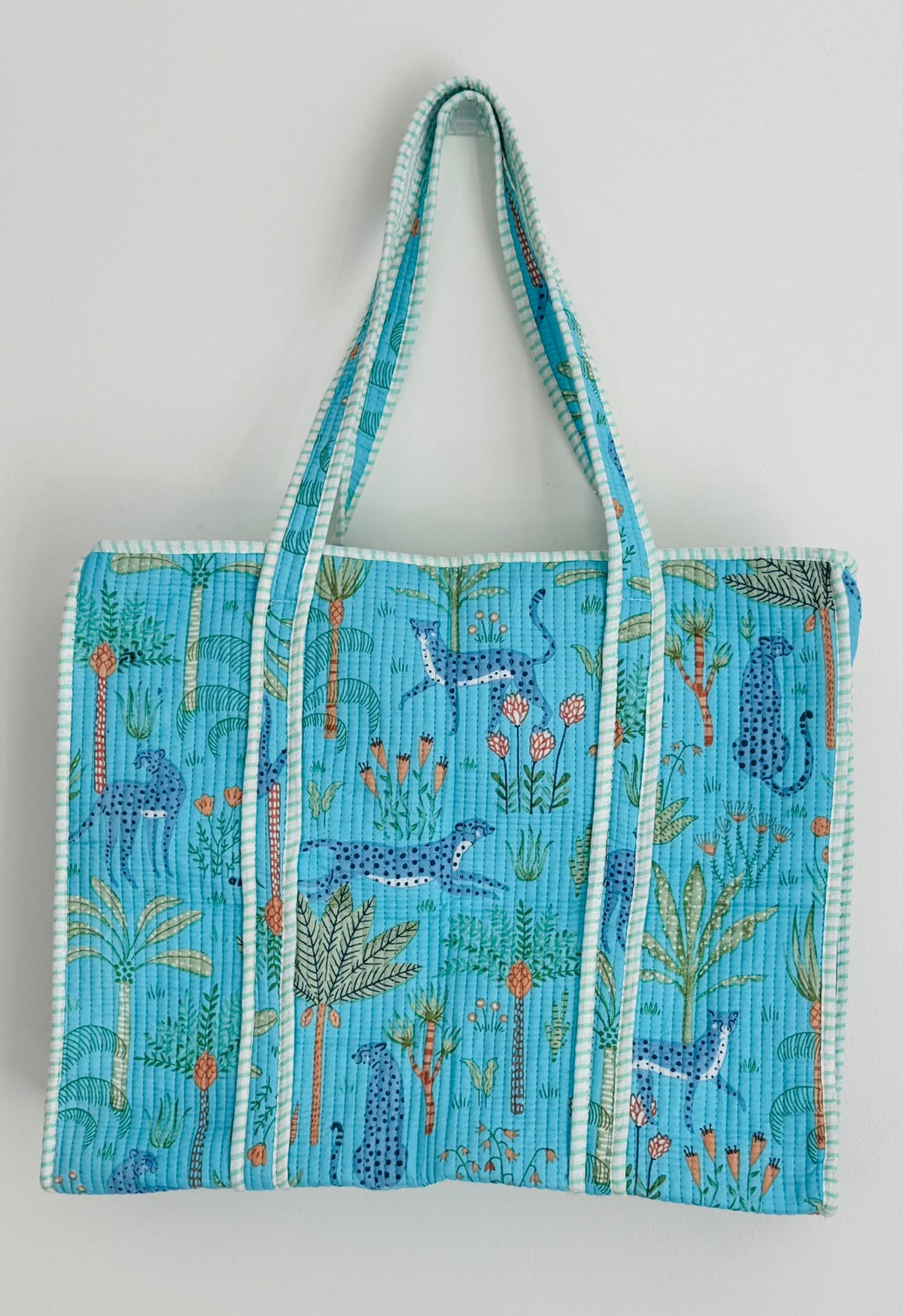 Handmade Cyan Leopard Palm Block Print Quilted Cotton Tote Bag, Indian Boho Shoulder Bag, Tropical Wildlife Travel Beach Bag