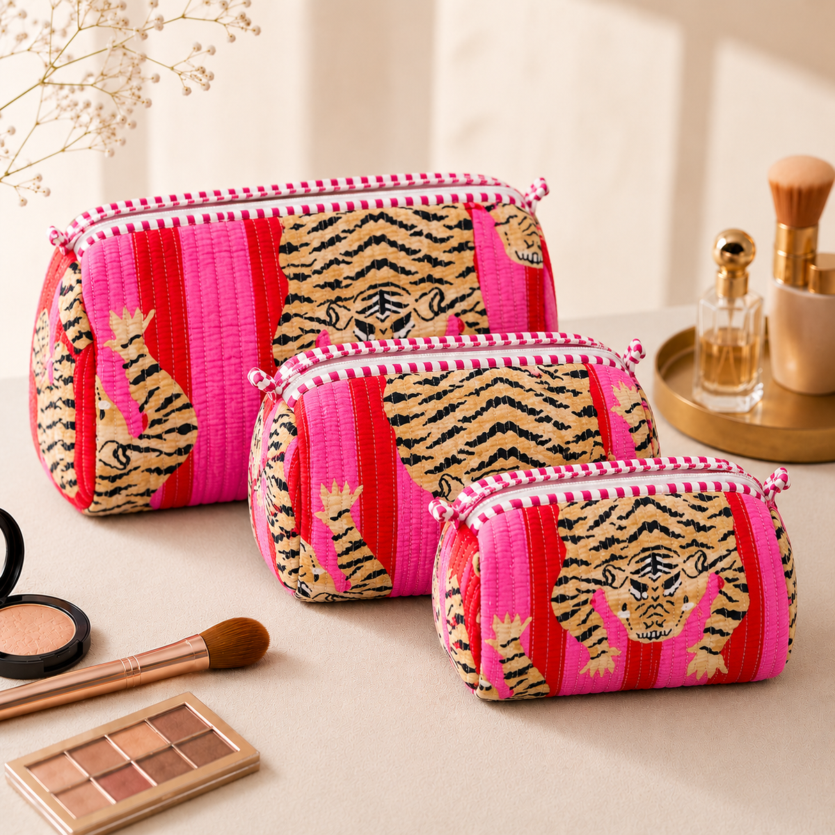 Set Of 3 Makeup Bag, Pink Tiger Stripe Block Print Cotton Travel Case, Quilted Cosmetic Storage Bag Set