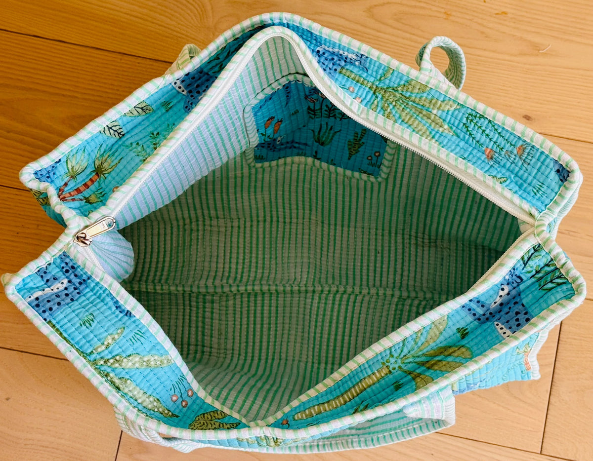 Handmade Cyan Leopard Palm Block Print Quilted Cotton Tote Bag, Indian Boho Shoulder Bag, Tropical Wildlife Travel Beach Bag