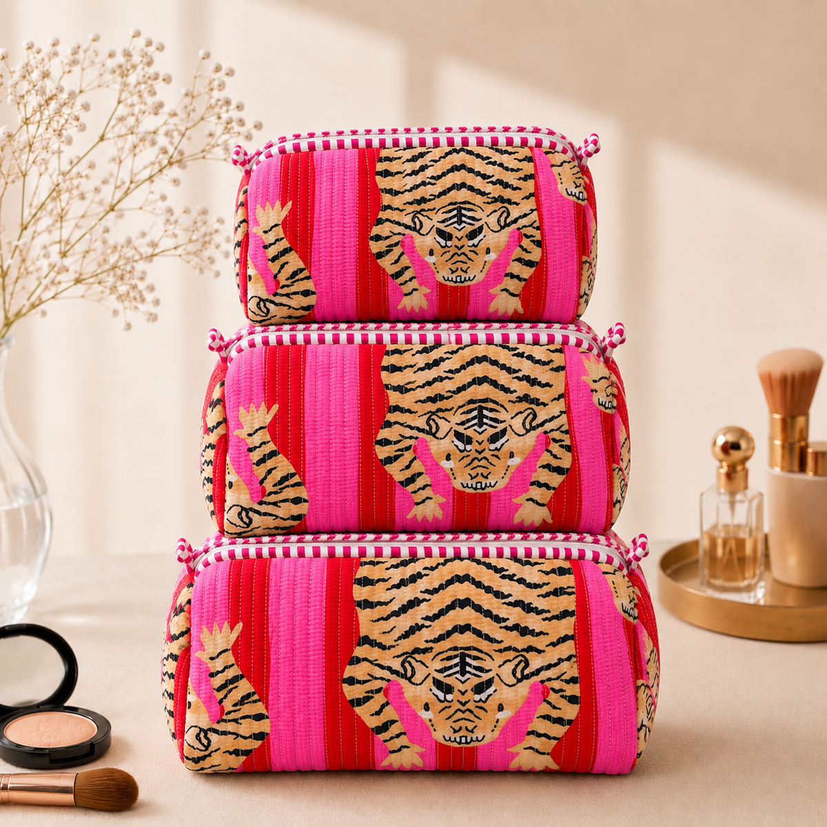 Set Of 3 Makeup Bag, Pink Tiger Stripe Block Print Cotton Travel Case, Quilted Cosmetic Storage Bag Set