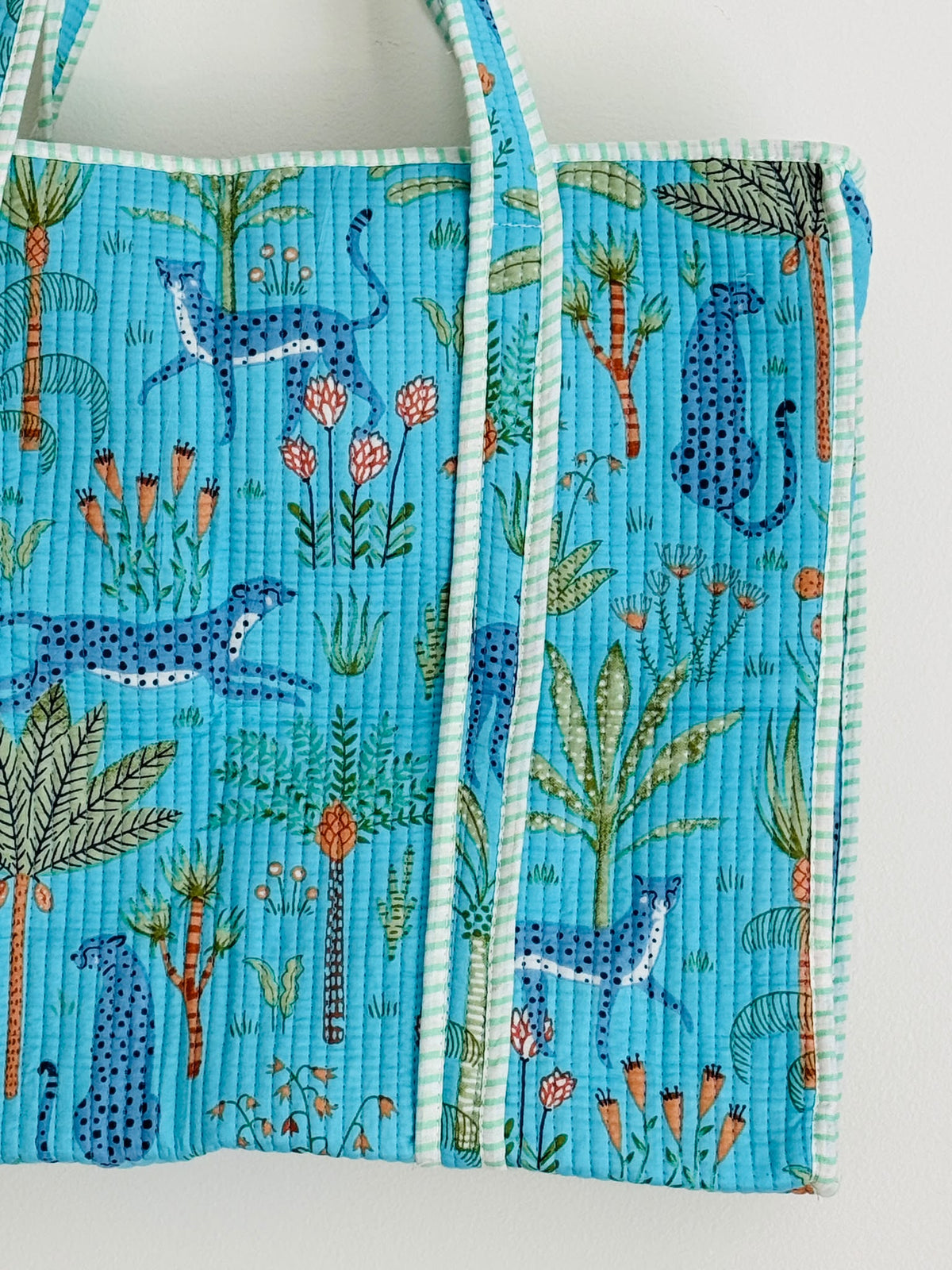 Handmade Cyan Leopard Palm Block Print Quilted Cotton Tote Bag, Indian Boho Shoulder Bag, Tropical Wildlife Travel Beach Bag