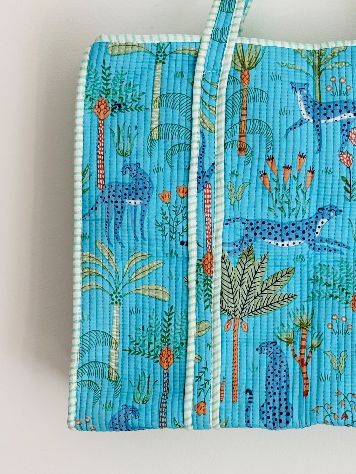 Handmade Cyan Leopard Palm Block Print Quilted Cotton Tote Bag, Indian Boho Shoulder Bag, Tropical Wildlife Travel Beach Bag