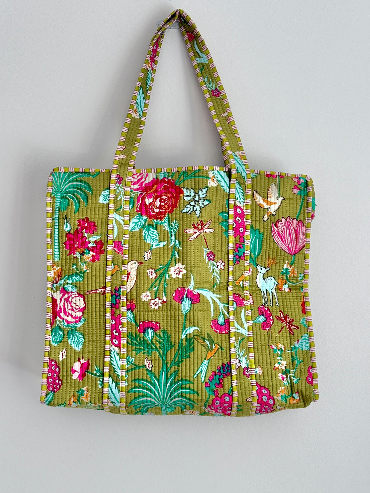 Handmade Moss Green Botanical Garden Block Print Quilted Cotton Tote Bag, Indian Boho Shoulder Bag, Floral Wildlife Travel Beach Bag