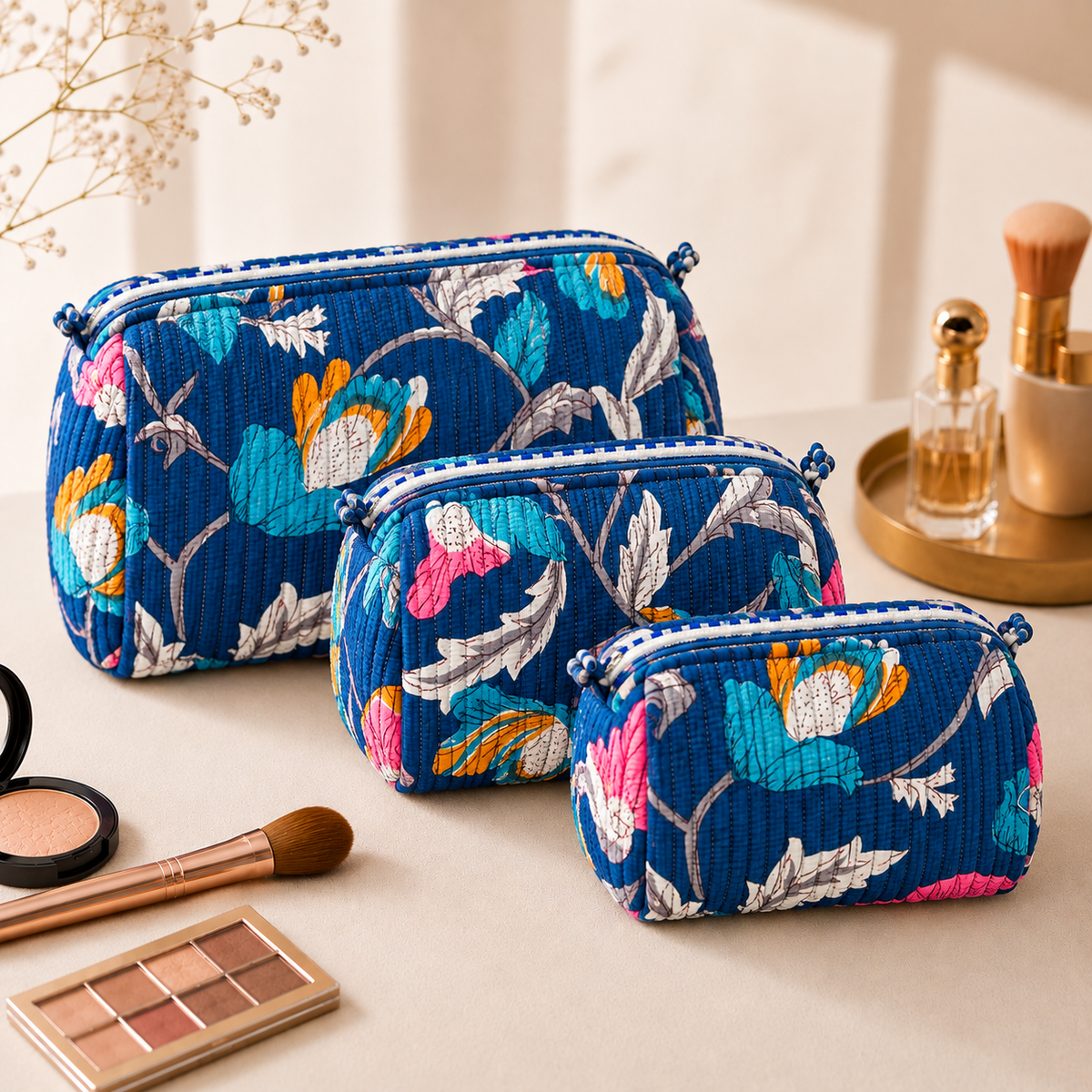 Set Of 3 Makeup Bag, Cobalt Blossom Floral Block Print Cotton Travel Case, Quilted Cosmetic Storage Bag Set