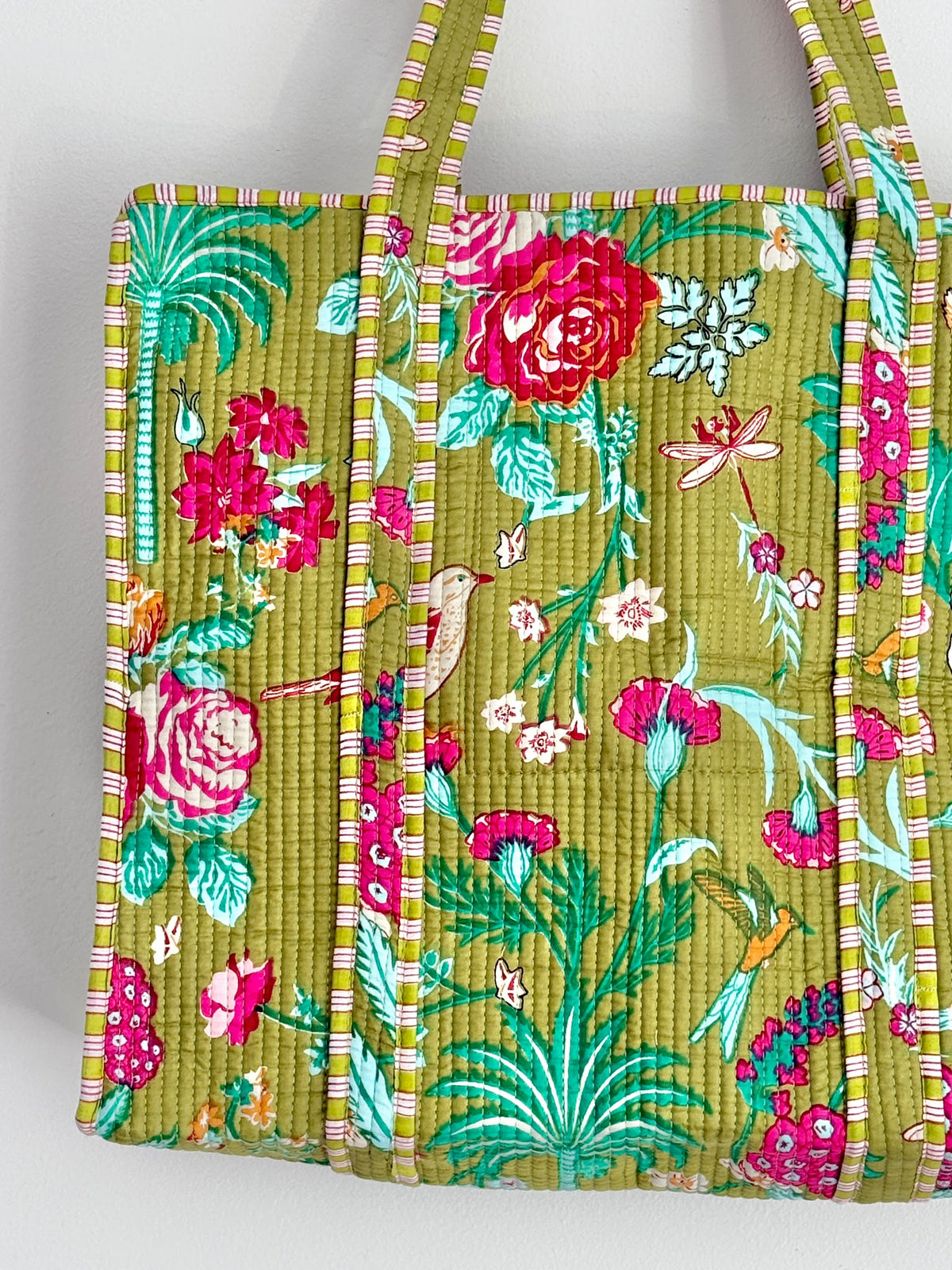Handmade Moss Green Botanical Garden Block Print Quilted Cotton Tote Bag, Indian Boho Shoulder Bag, Floral Wildlife Travel Beach Bag