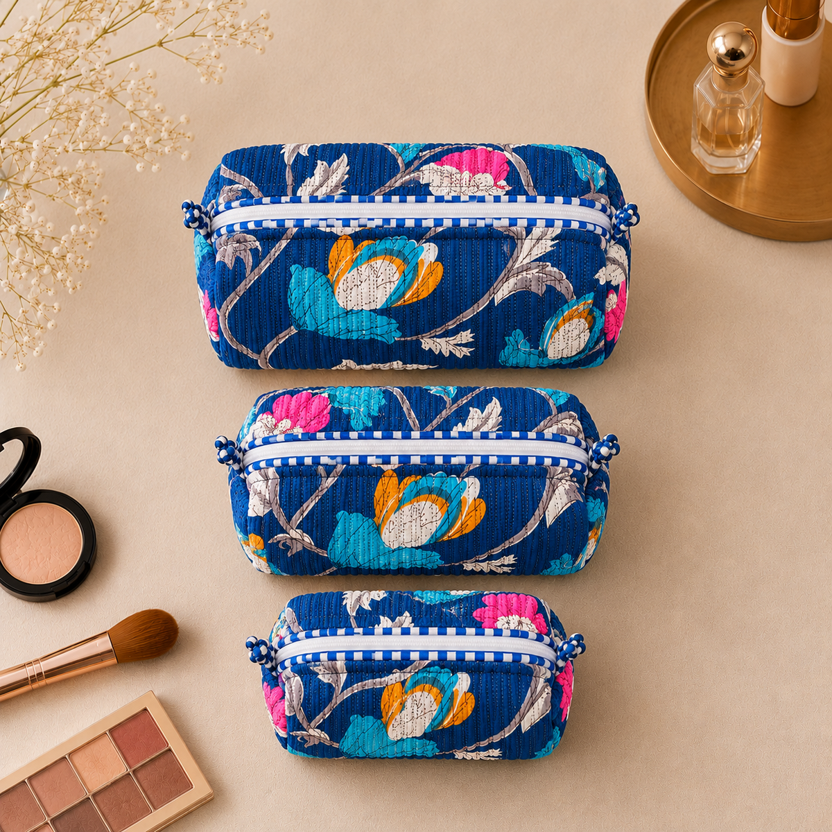 Set Of 3 Makeup Bag, Cobalt Blossom Floral Block Print Cotton Travel Case, Quilted Cosmetic Storage Bag Set