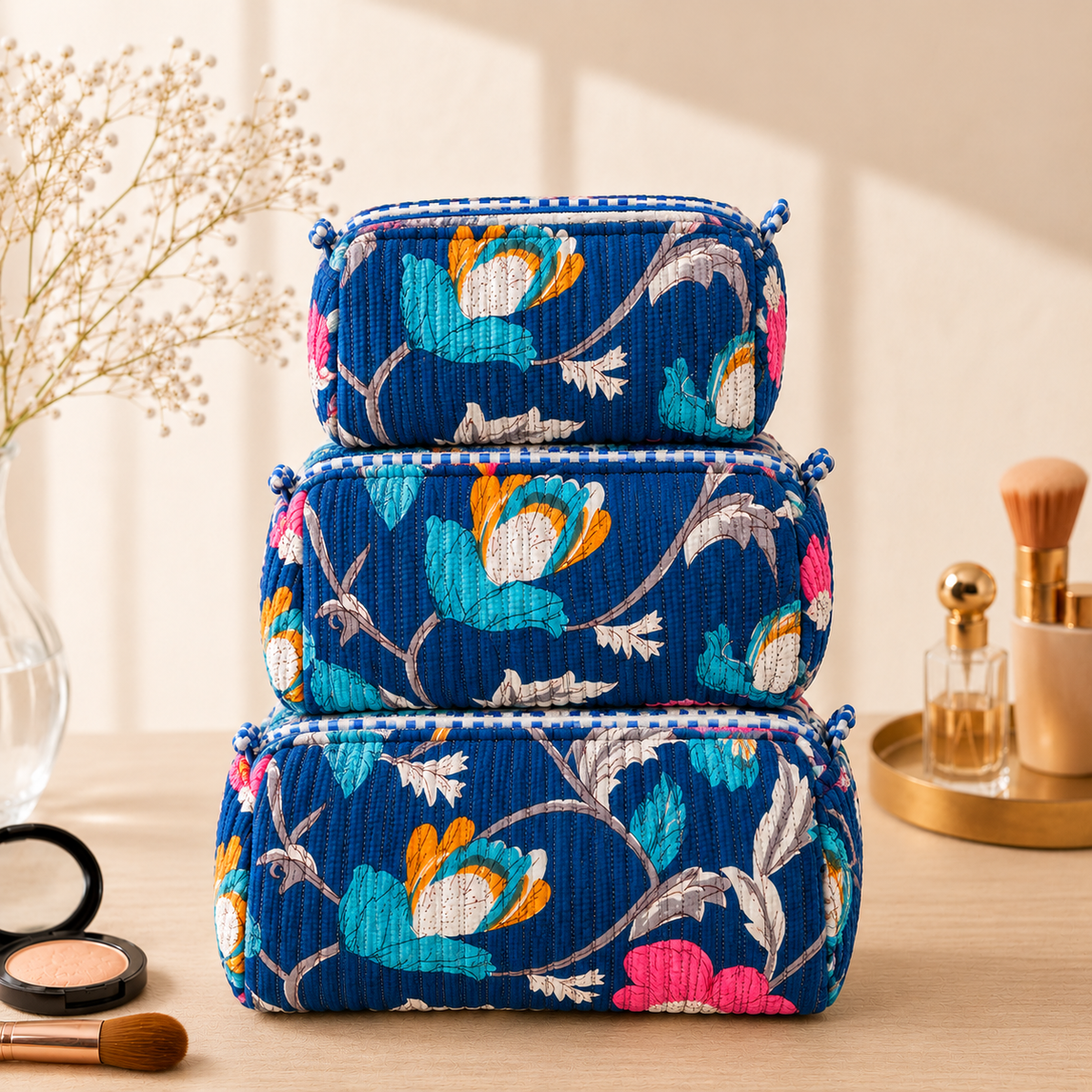 Set Of 3 Makeup Bag, Cobalt Blossom Floral Block Print Cotton Travel Case, Quilted Cosmetic Storage Bag Set