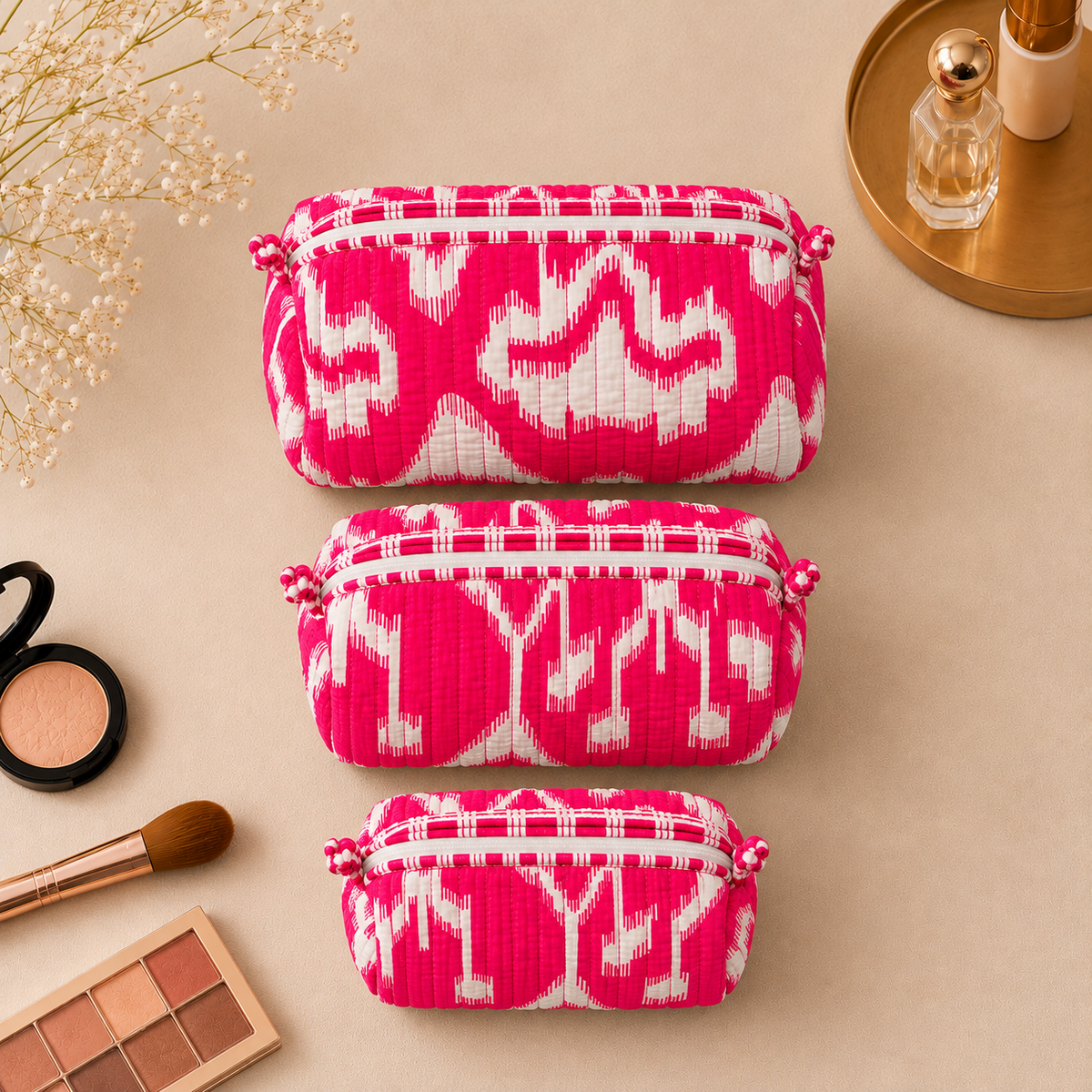 Set Of 3 Makeup Bag, Hot Pink Ikat Geometric Block Print Cotton Travel Case, Quilted Cosmetic Storage Bag Set