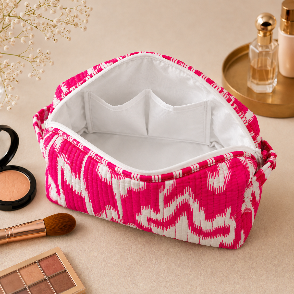 Set Of 3 Makeup Bag, Hot Pink Ikat Geometric Block Print Cotton Travel Case, Quilted Cosmetic Storage Bag Set