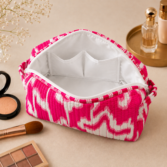 Set Of 3 Makeup Bag, Hot Pink Ikat Geometric Block Print Cotton Travel Case, Quilted Cosmetic Storage Bag Set