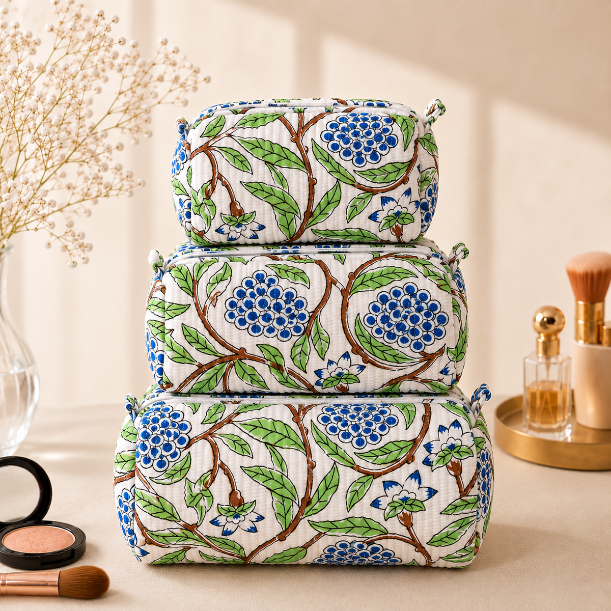 Set Of 3 Makeup Bag, Ivory Garden Floral Block Print Cotton Travel Case, Quilted Cosmetic Storage Bag Set