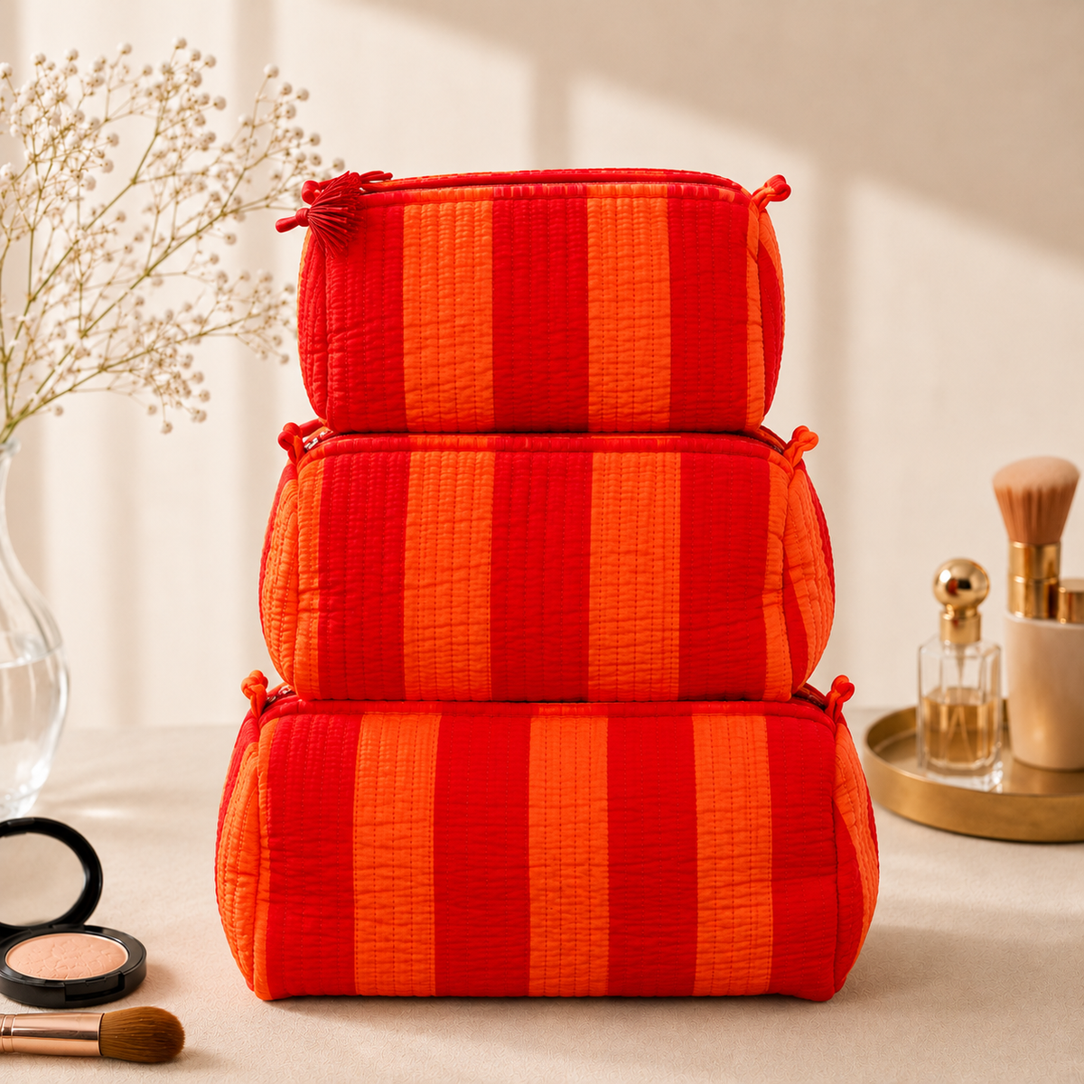 Set Of 3 Makeup Bag, Sunset Stripe Block Print Cotton Travel Case, Quilted Cosmetic Storage Bag Set
