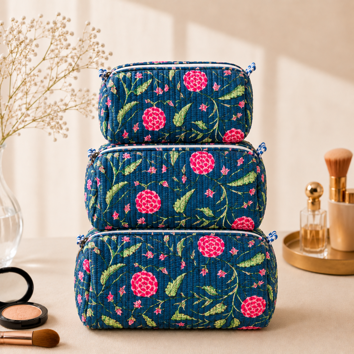 Set Of 3 Makeup Bag, Teal Blossom Floral Block Print Cotton Travel Case, Quilted Cosmetic Storage Bag Set