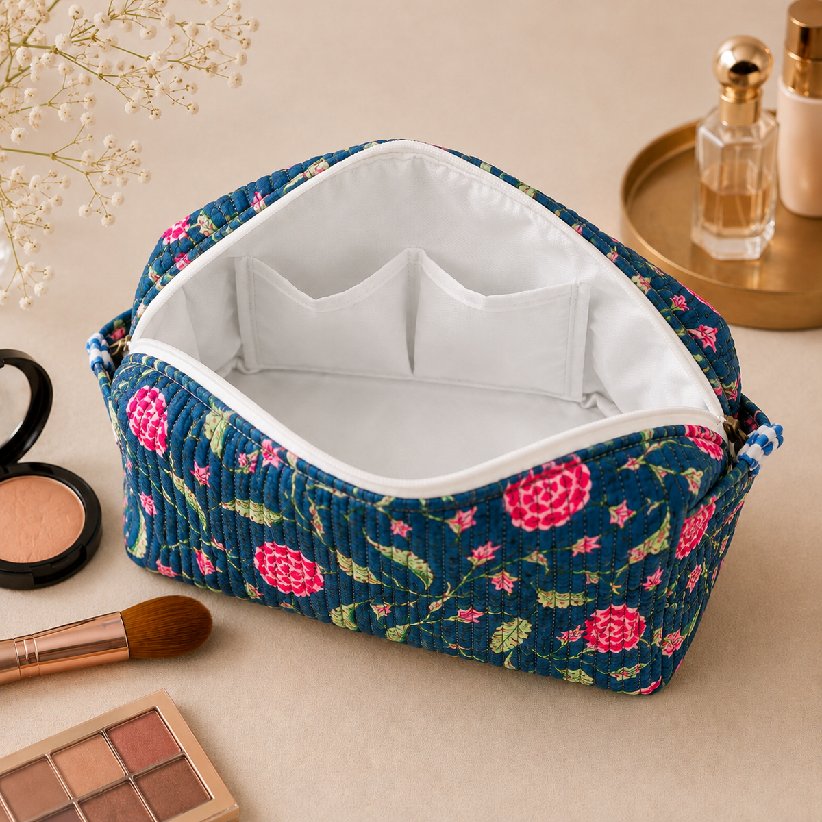 Set Of 3 Makeup Bag, Teal Blossom Floral Block Print Cotton Travel Case, Quilted Cosmetic Storage Bag Set