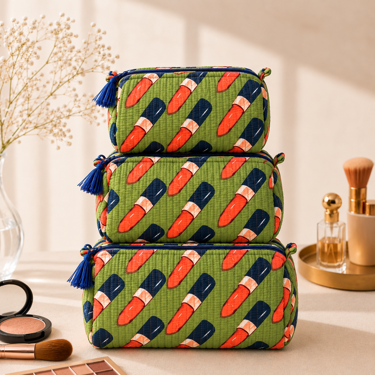 Set Of 3 Makeup Bag, Green Glam Lipstick Block Print Cotton Travel Case, Quilted Cosmetic Storage Bag Set