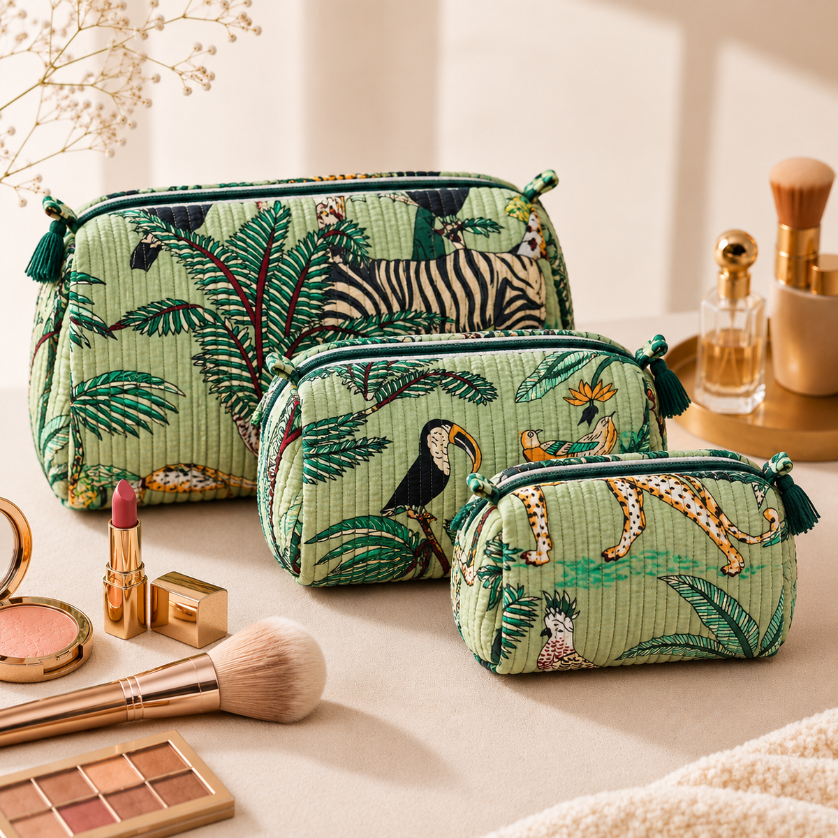 Set Of 3 Makeup Bag, Sage Safari Tropical Block Print Cotton Travel Case, Quilted Cosmetic Storage Bag Set