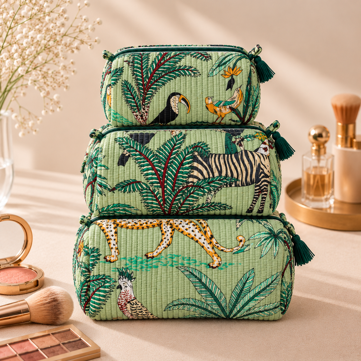 Set Of 3 Makeup Bag, Sage Safari Tropical Block Print Cotton Travel Case, Quilted Cosmetic Storage Bag Set