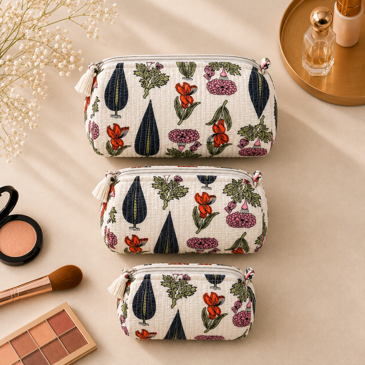 Set Of 3 Makeup Bag, Ivory Cypress Botanical Block Print Cotton Travel Case, Quilted Cosmetic Storage Bag Set