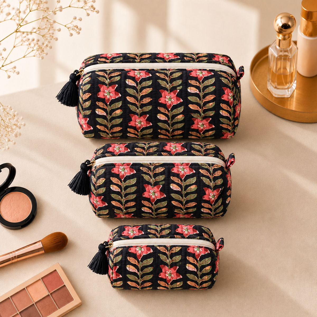 Set Of 3 Makeup Bag, Midnight Vine Floral Block Print Cotton Travel Case, Quilted Cosmetic Storage Bag Set