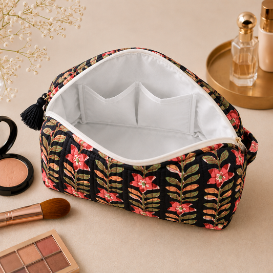 Set Of 3 Makeup Bag, Midnight Vine Floral Block Print Cotton Travel Case, Quilted Cosmetic Storage Bag Set