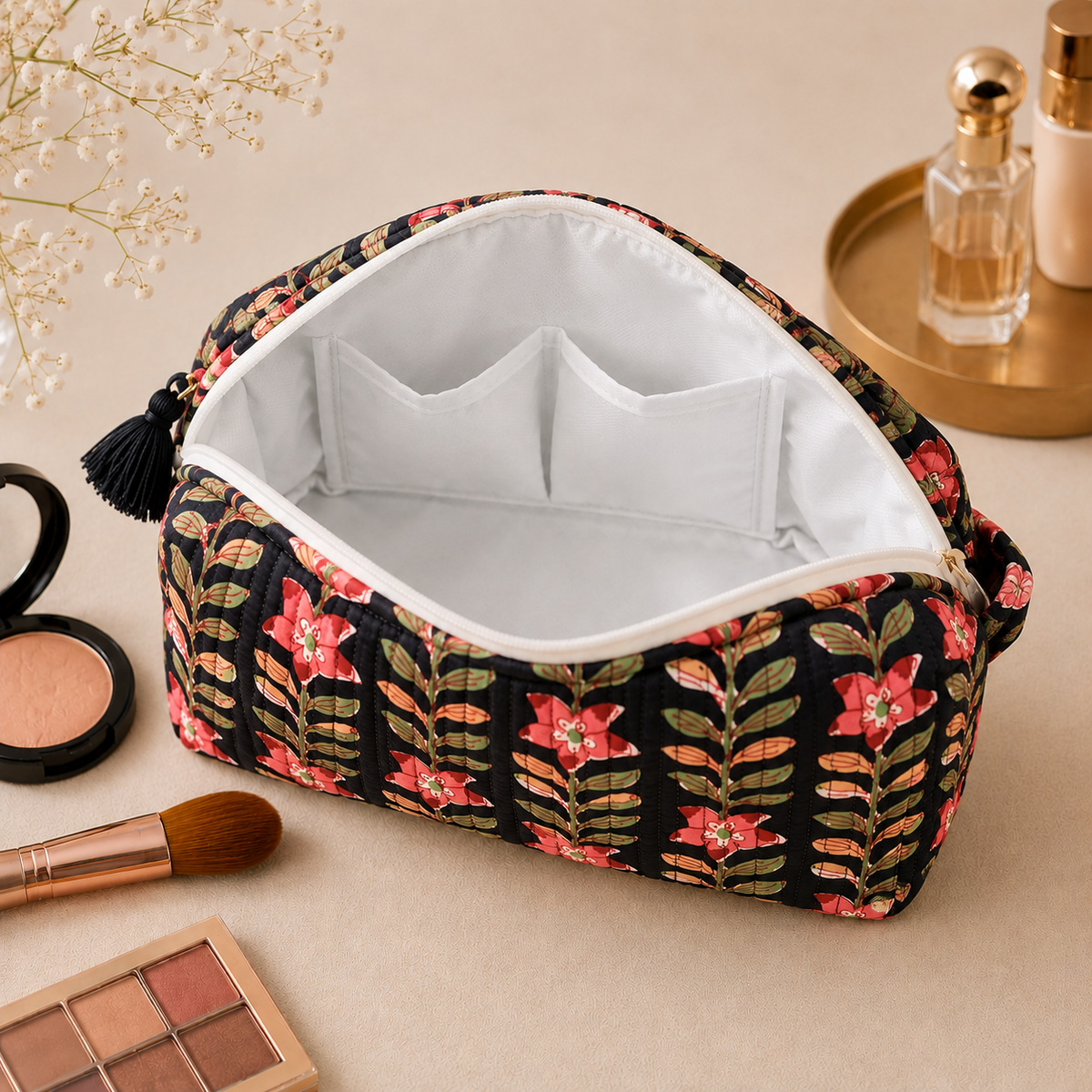 Set Of 3 Makeup Bag, Midnight Vine Floral Block Print Cotton Travel Case, Quilted Cosmetic Storage Bag Set